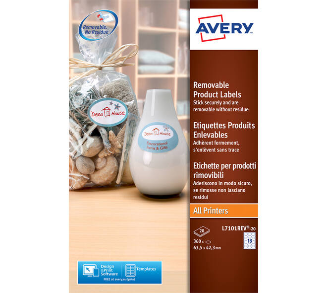Etiket Avery L7101REV-20 63.5x42.3mm mat wit 360 stuks