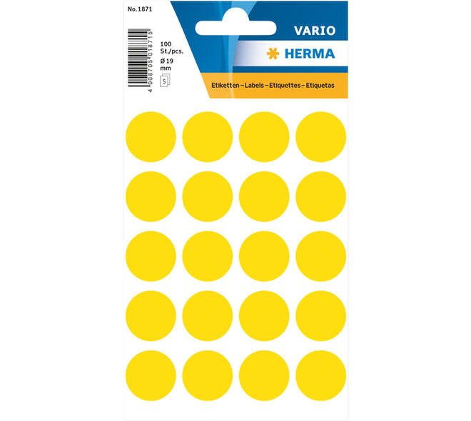 Etiket HERMA 1871 rond 19mm geel 100 stuks