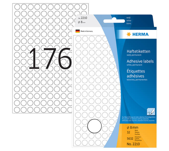 Etiket HERMA 2210 rond 8mm wit 5632 stuks