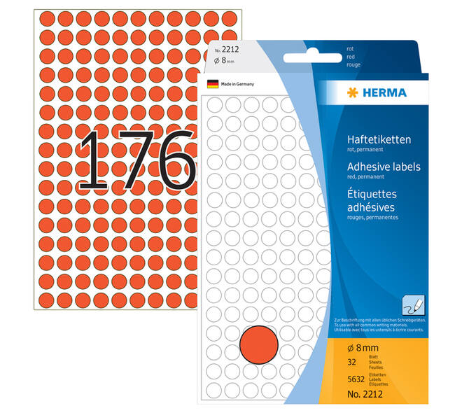 Etiket HERMA 2212 rond 8mm rood 5632 stuks
