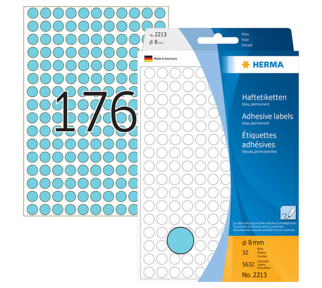 Etiket HERMA 2213 rond 8mm blauw 5632 stuks