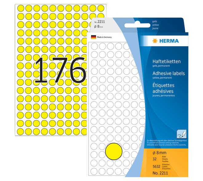 Etiket HERMA 2211 rond 8mm geel 5632 stuks