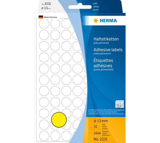 Etiket HERMA 2231 rond 13mm geel 2464 stuks