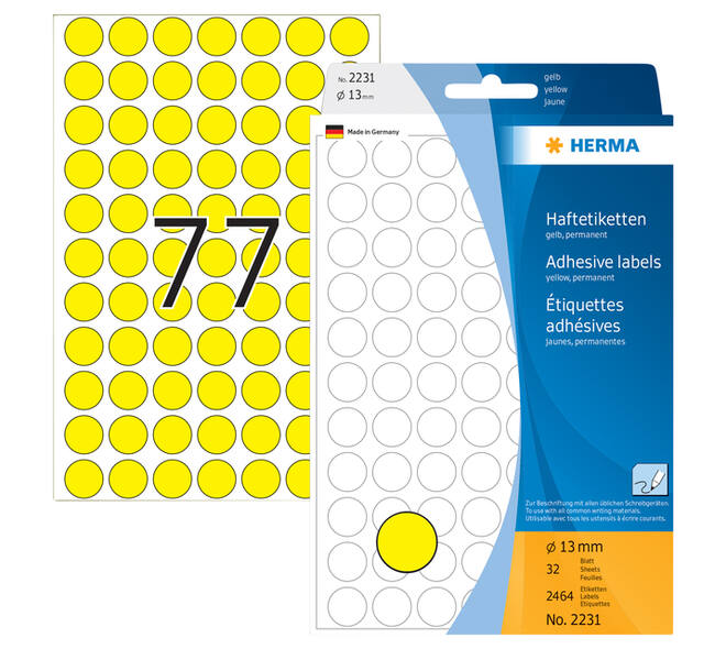 Etiket HERMA 2231 rond 13mm geel 2464 stuks