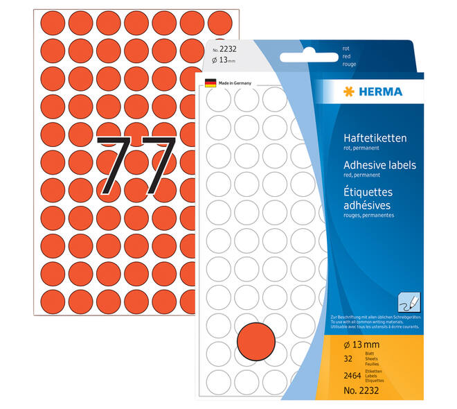 Etiket HERMA 2232 rond 13mm rood 2464 stuks