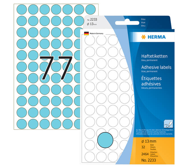 Etiket HERMA 2233 rond 13mm blauw 2464 stuks