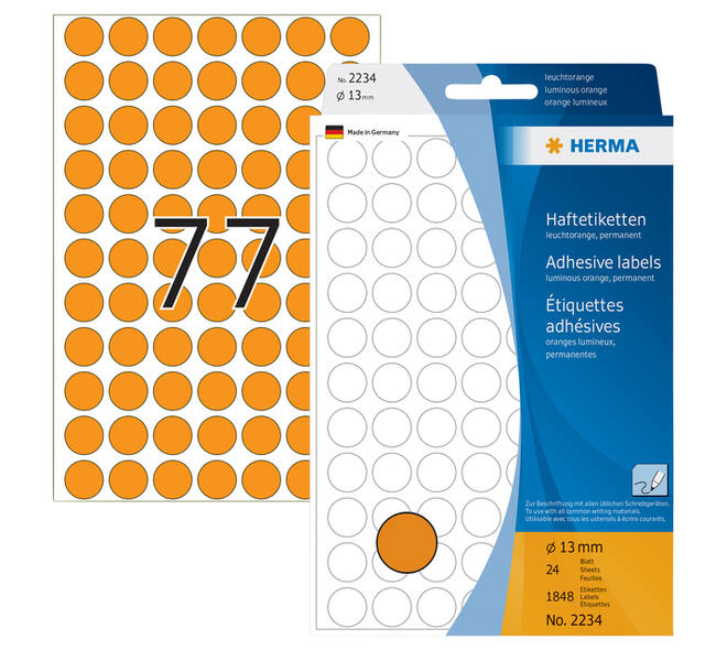 Etiket HERMA 2234 rond 13mm fluor oranje 1848 stuks