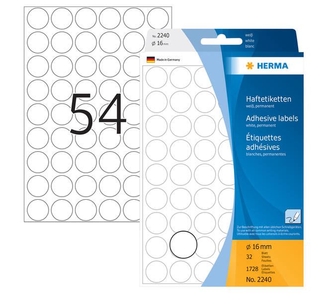 Etiket HERMA 2240 rond 16mm wit 1728 stuks