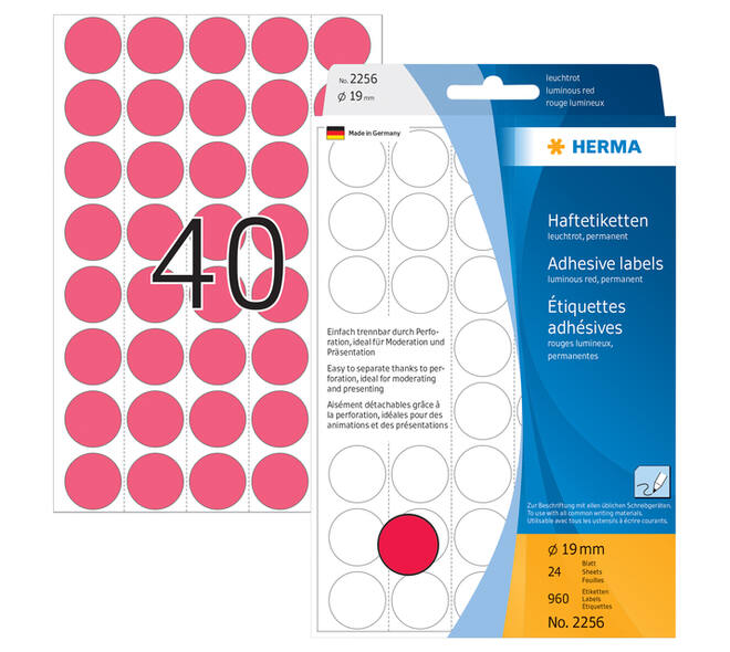 Etiket HERMA 2256 rond 19mm fluor rood 960 stuks
