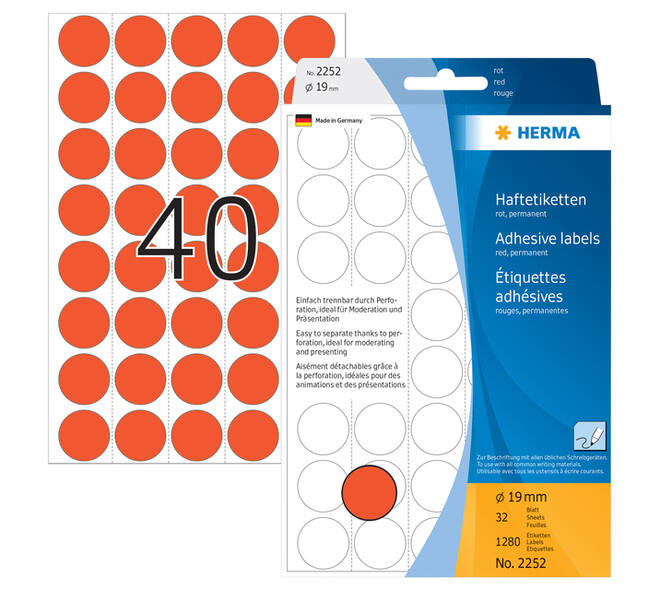 Etiket HERMA 2252 rond 19mm rood 1280 stuks