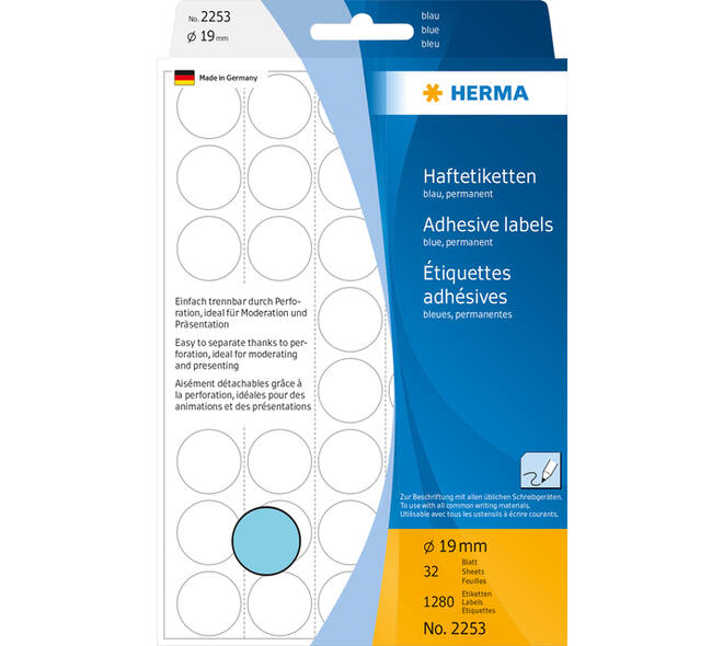 Etiket HERMA 2253 rond 19mm blauw 1280 stuks