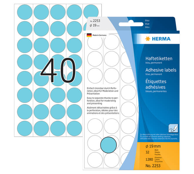 Etiket HERMA 2253 rond 19mm blauw 1280 stuks