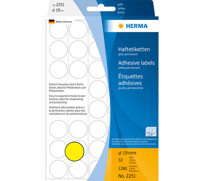 Etiket HERMA 2251 rond 19mm geel 1280 stuks