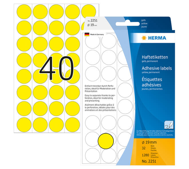 Etiket HERMA 2251 rond 19mm geel 1280 stuks