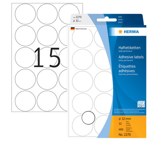 Etiket HERMA 2270 rond 32mm wit 480 stuks