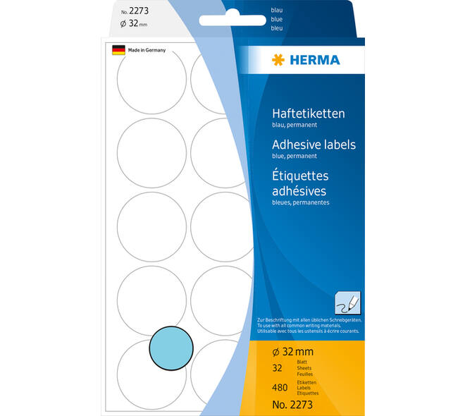 Etiket HERMA 2273 rond 32mm blauw 480 stuks
