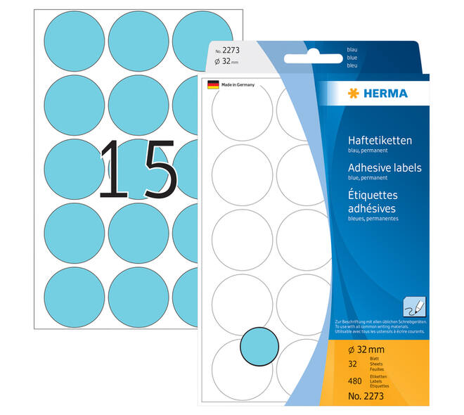 Etiket HERMA 2273 rond 32mm blauw 480 stuks