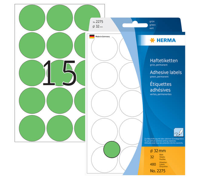 Etiket HERMA 2275 rond 32mm groen 480 stuks