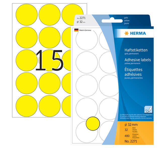 Etiket HERMA 2271 rond 32mm geel 480 stuks