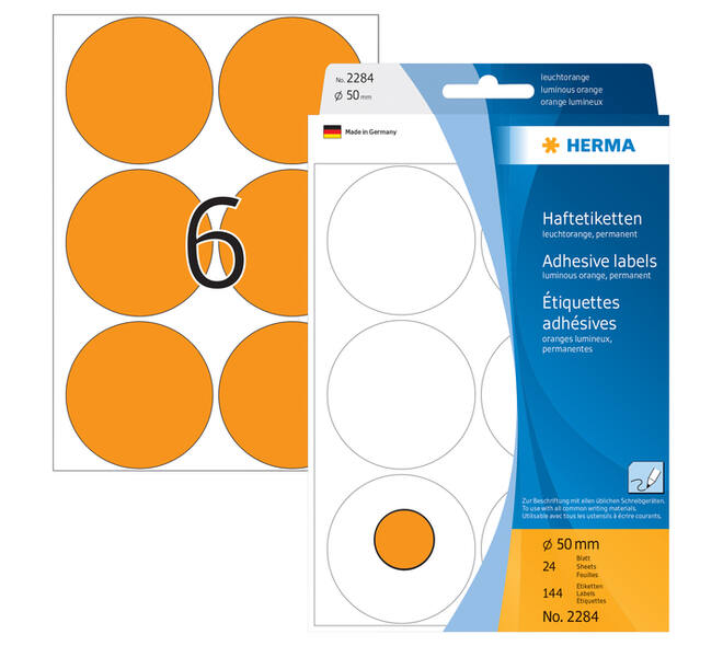 Etiket HERMA 2284 rond 50mm fluor oranje 144 stuks