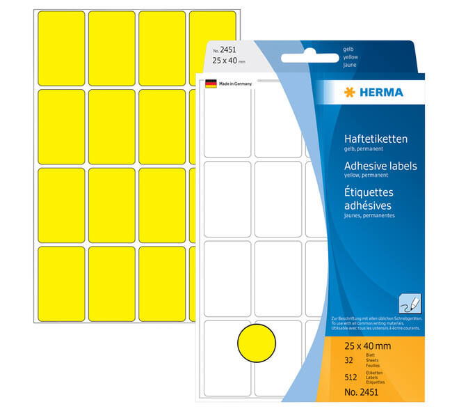 Etiket HERMA 2451 25x40mm geel 512 stuks