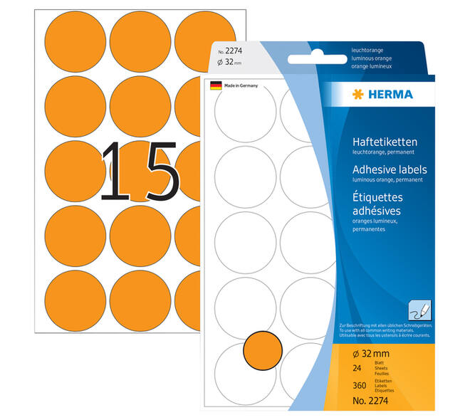 Etiket HERMA 2274 rond 32mm fluor oranje 360 stuks