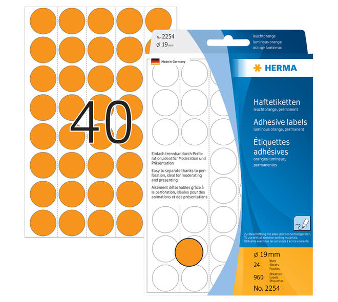Etiket HERMA 2254 rond 19mm fluor oranje 960 stuks