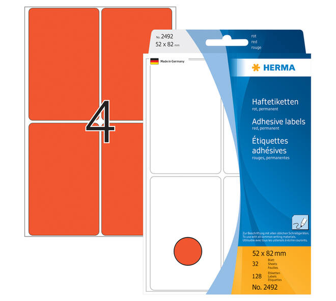 Etiket HERMA 2492 52x82mm rood 128 stuks