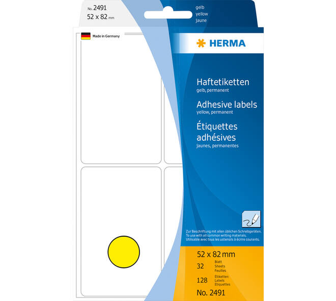Etiket HERMA 2491 52x82mm geel 128 stuks
