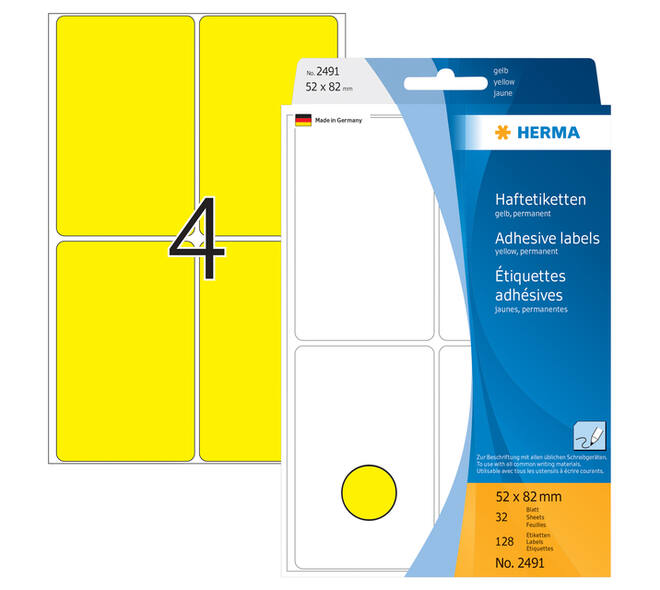 Etiket HERMA 2491 52x82mm geel 128 stuks