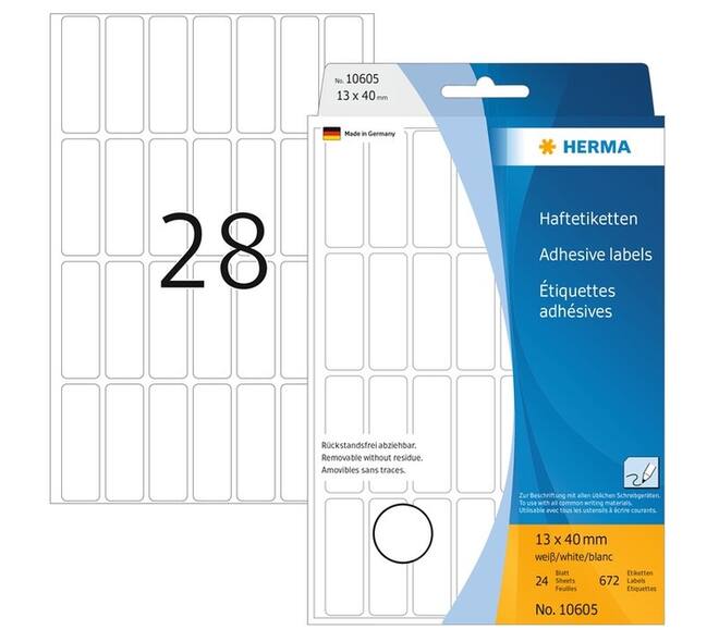 Etiket HERMA 10605 13x40mm verwijderbaar wit 672 stuks