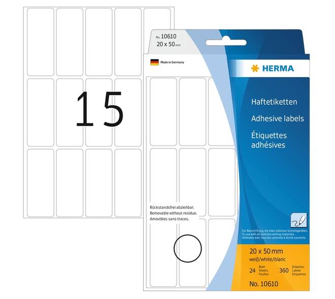Etiket HERMA 10610 20x50mm verwijderbaar wit 360 stuks