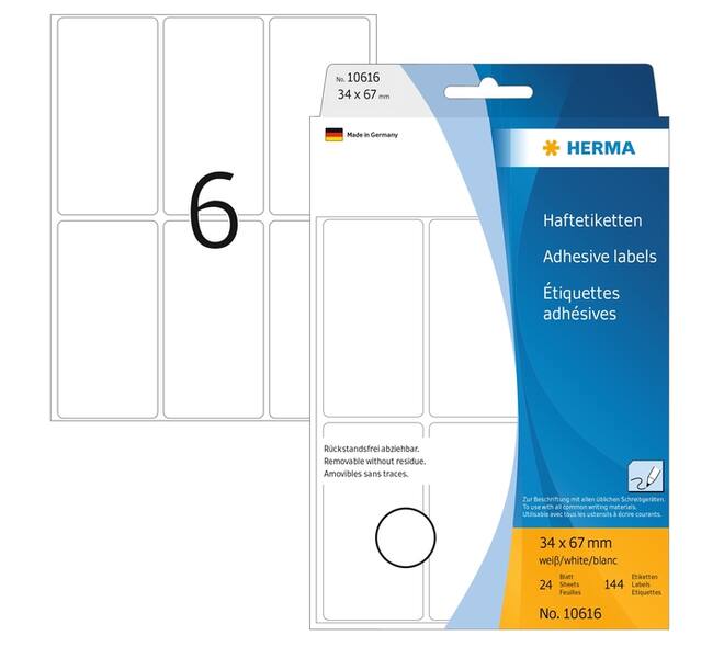 Etiket HERMA 10616 34x67mm verwijderbaar wit 144 stuks