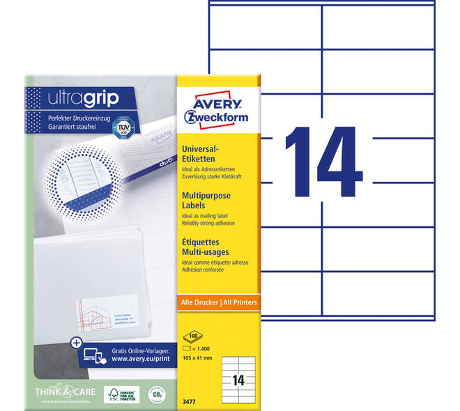 Etiket Avery 3477 105x41mm wit 1400 stuks