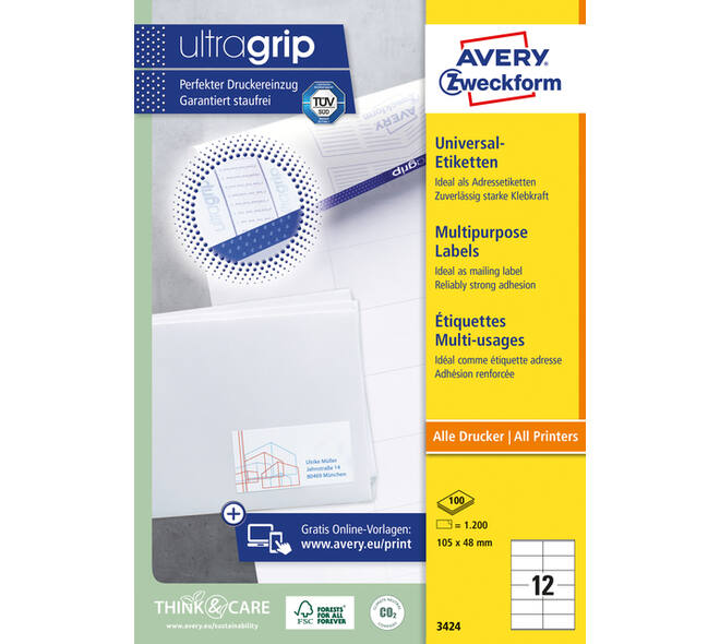 Etiket Avery 3424 105x48mm wit 1200 stuks