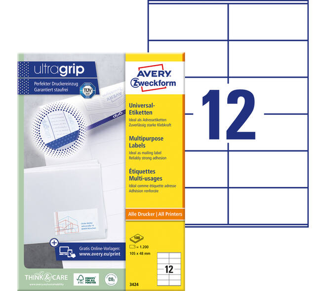 Etiket Avery 3424 105x48mm wit 1200 stuks