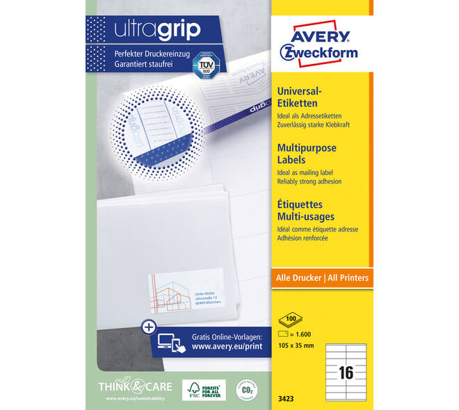 Etiket Avery 3423 105x35mm wit 1600 stuks