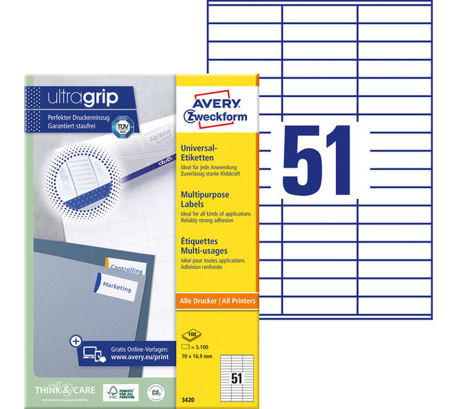 Etiket Avery 3420 70x16.9mm wit 5100 stuks