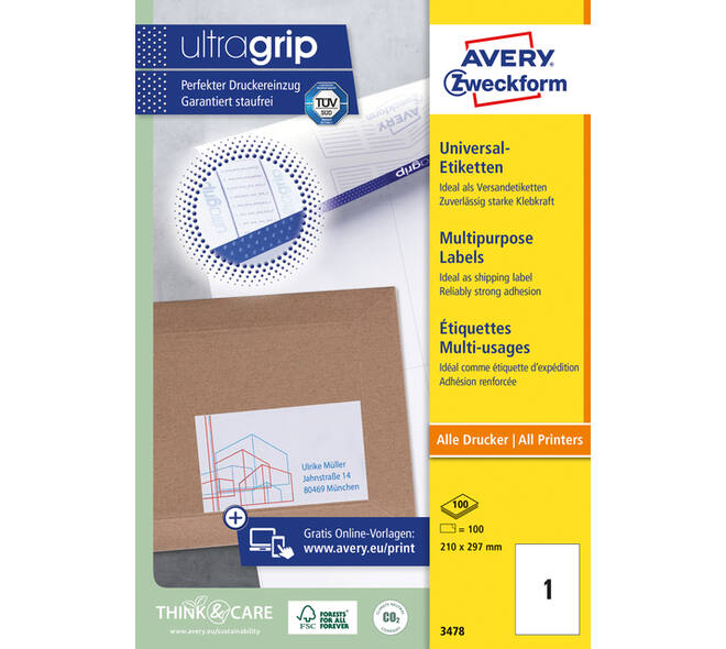 Etiket Avery 3478 210x297mm A4 wit 100 stuks