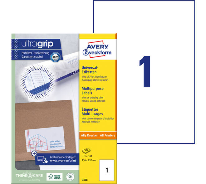 Etiket Avery 3478 210x297mm A4 wit 100 stuks
