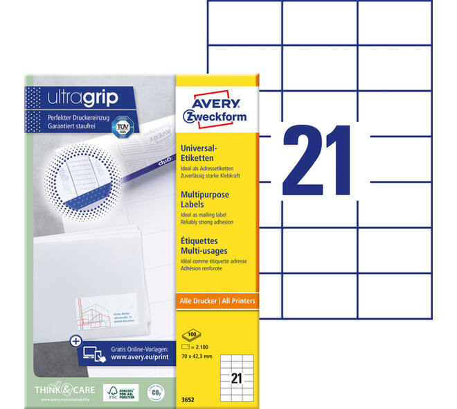 Etiket Avery 3652 70x42.3mm wit 2100 stuks