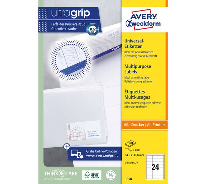 Etiket Avery 3658 64.6x33.8mm wit 2400 stuks