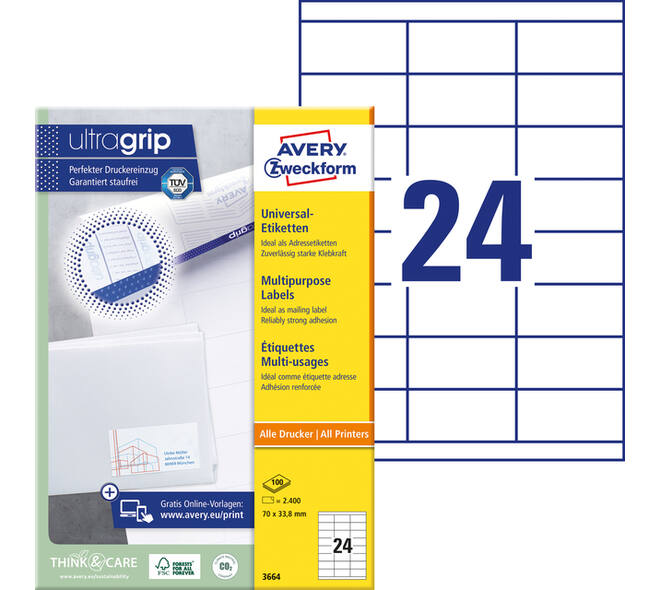 Etiket Avery 3664 70x33.8mm wit 2400 stuks