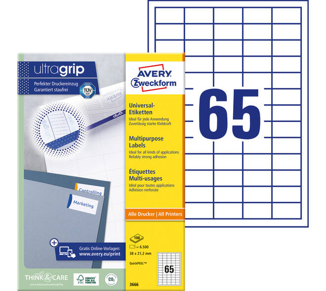 Etiket Avery 3666 38x21.2mm wit 6500 stuks