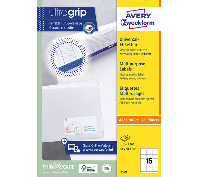 Etiket Avery 3669 70x50.8mm wit 1500 stuks
