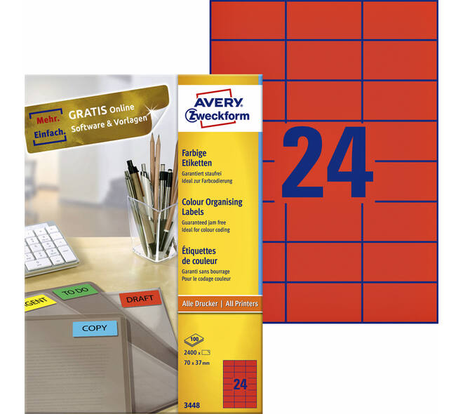 Etiket Avery 3448 70x37mm rood 2400 stuks