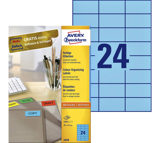 Etiket Avery 3449 70x37mm blauw 2400 stuks