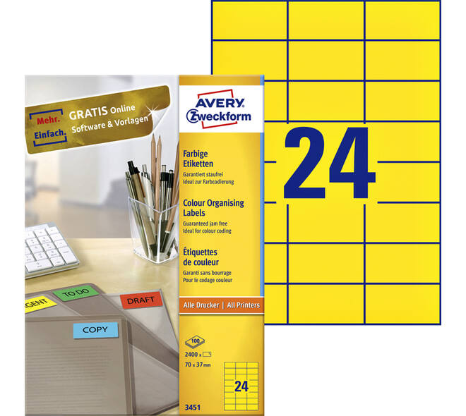 Etiket Avery 3451 70x37mm geel 2400 stuks