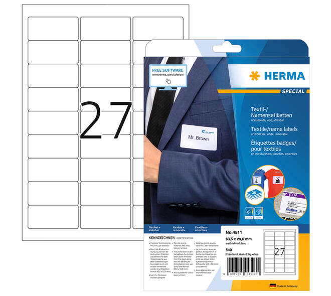 Naambadge etiket HERMA 4511 63.5x29.6mm wit 540 stuks