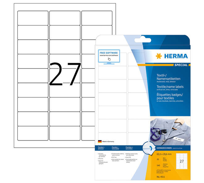 Naambadge etiket HERMA 4511 63.5x29.6mm wit 540 stuks